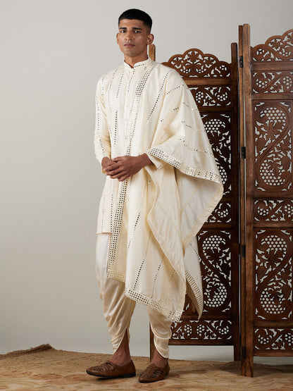 Vastramay mens cream embroidered vertical mirror work kurta with cowl dhoti set with ethnic dupatta