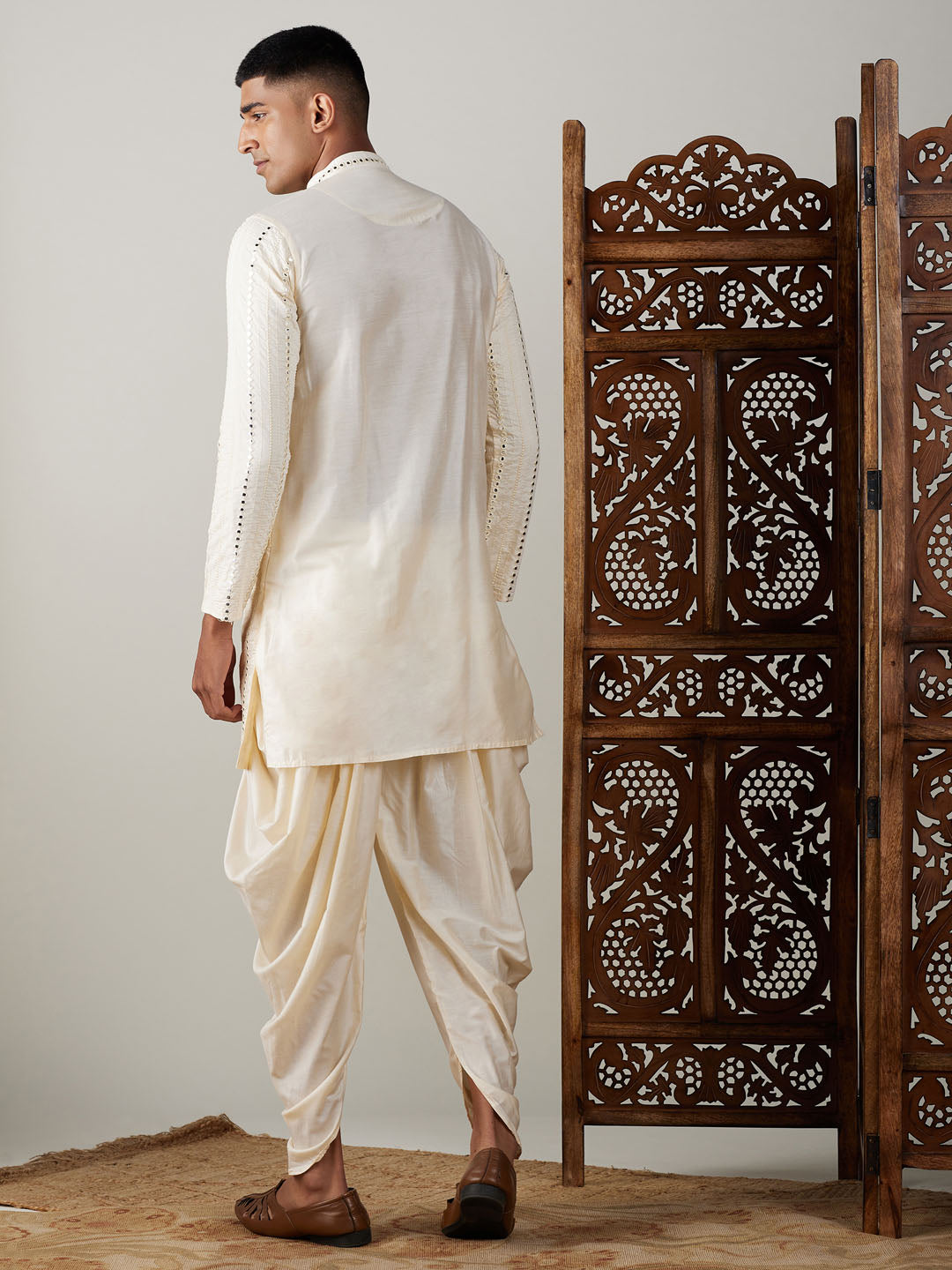 Vastramay mens cream embroidered vertical mirror work kurta with cowl dhoti set with ethnic dupatta