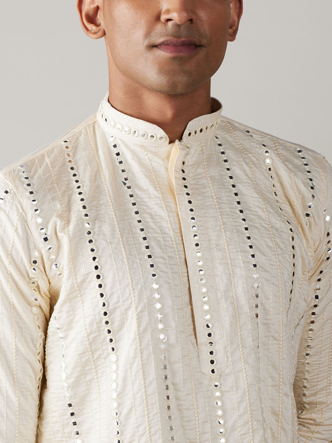 Vastramay mens cream embroidered vertical mirror work kurta with cowl dhoti set with ethnic dupatta