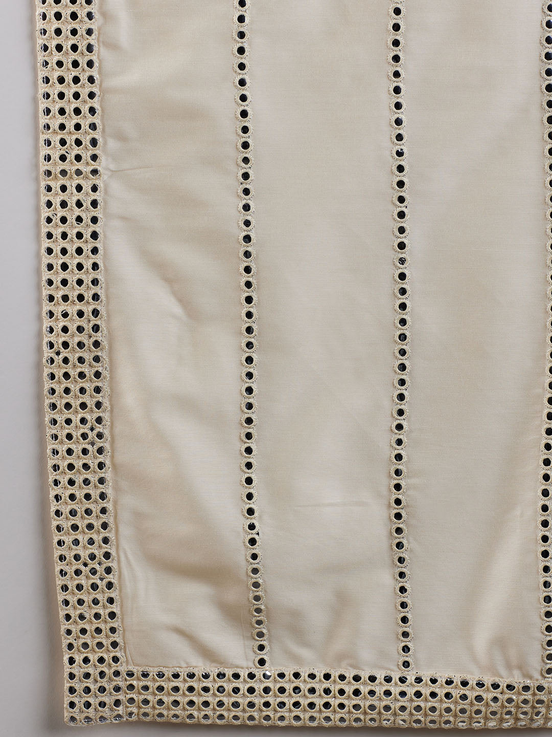 Vastramay mens cream embroidered vertical mirror work kurta with cowl dhoti set with ethnic dupatta