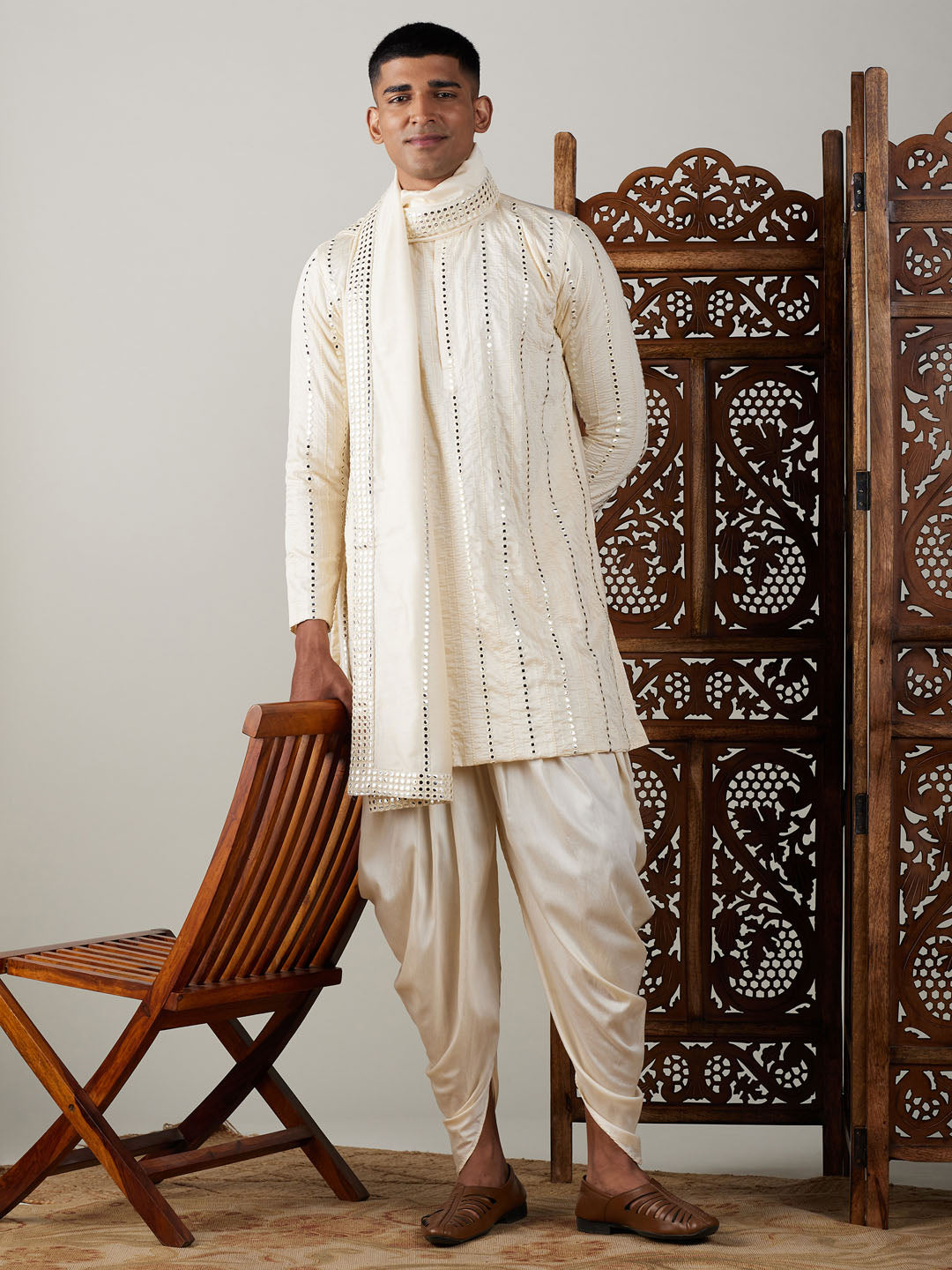 Vastramay mens cream embroidered vertical mirror work kurta with cowl dhoti set with ethnic dupatta