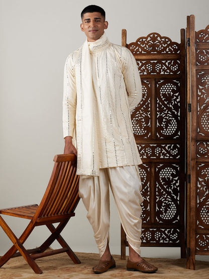 Vastramay mens cream embroidered vertical mirror work kurta with cowl dhoti set with ethnic dupatta