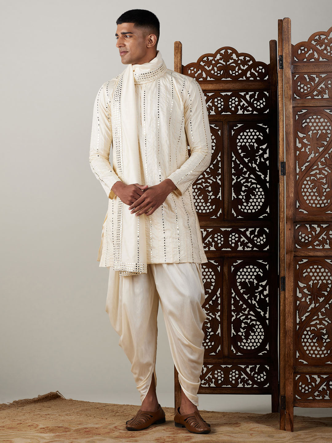 Vastramay mens cream embroidered vertical mirror work kurta with cowl dhoti set with ethnic dupatta