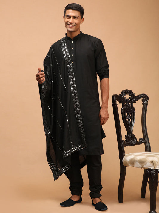 shrestha by Vastramay mens black color solid fancy kurta with black color pyjama set comes with black mirror ornamented dupatta