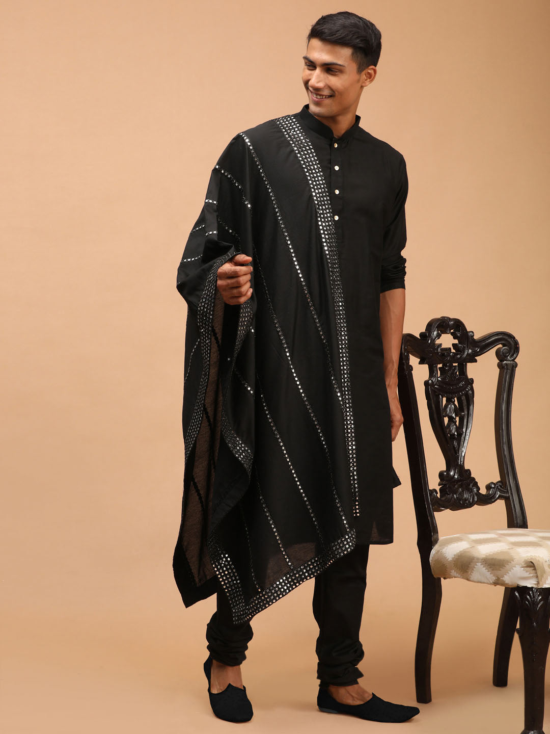 shrestha by Vastramay mens black color solid fancy kurta with black color pyjama set comes with black mirror ornamented dupatta