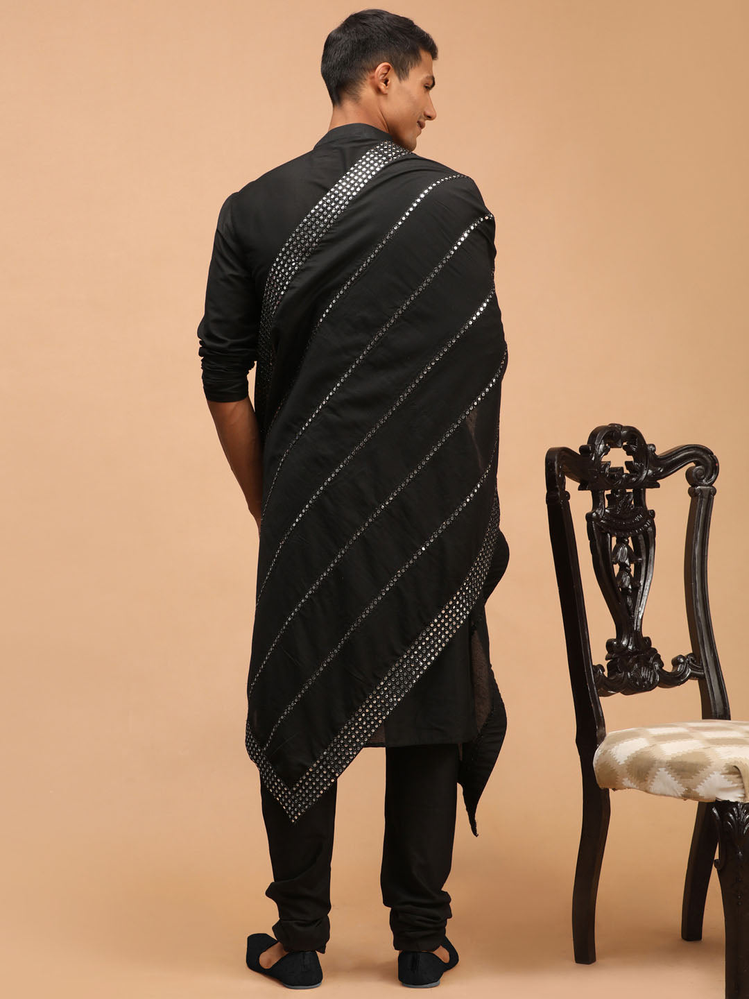 shrestha by Vastramay mens black color solid fancy kurta with black color pyjama set comes with black mirror ornamented dupatta