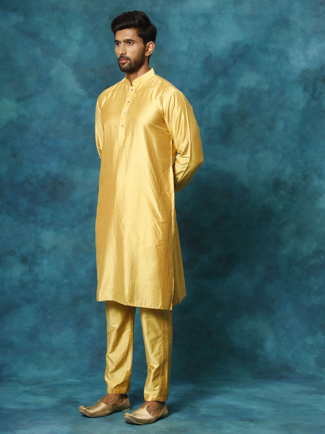 VASTRAMAY Men's Mustard Viscose Kurta Pant Set