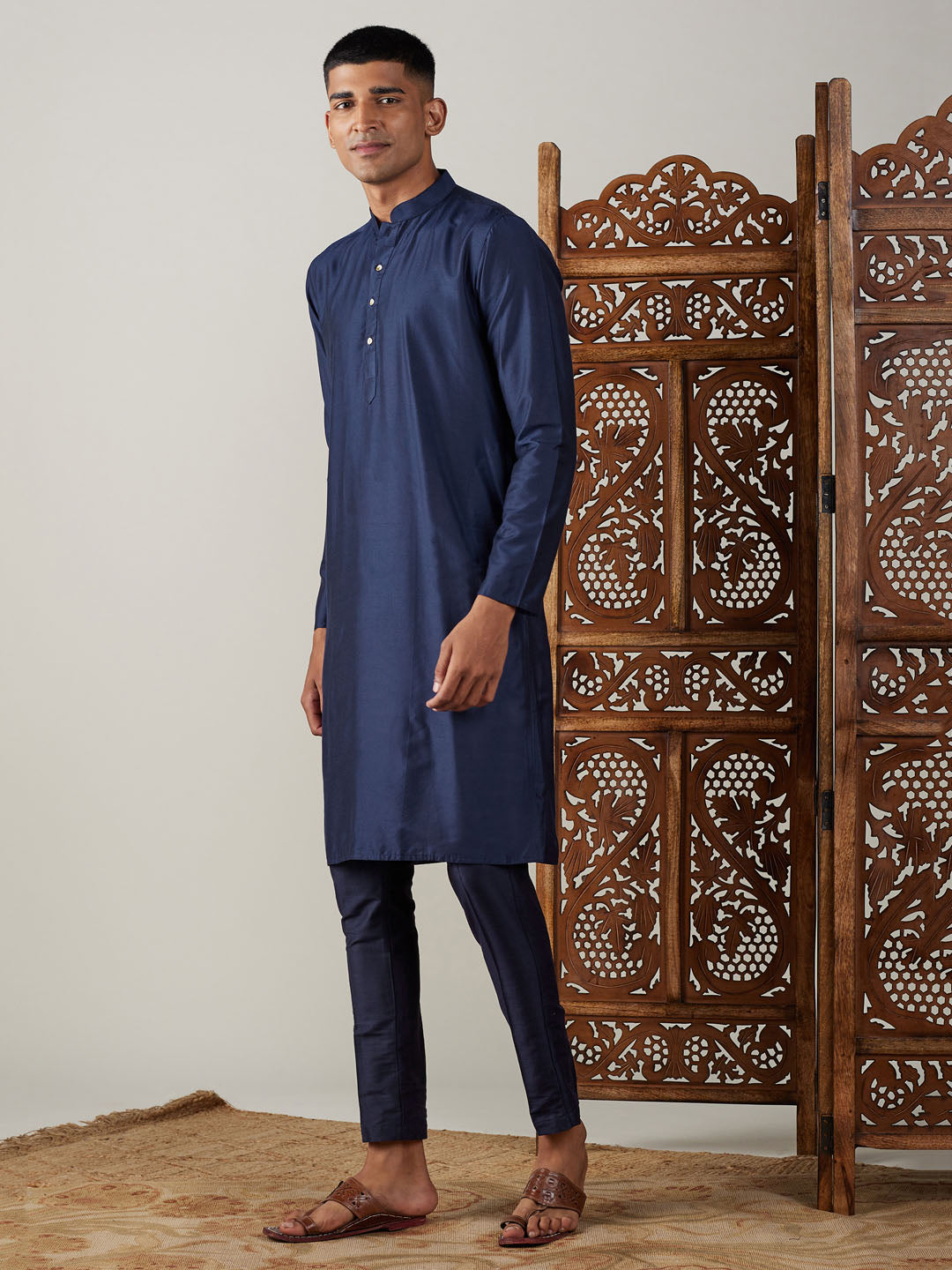 Vastramay mens navy blue solid fancy kurta with pant set