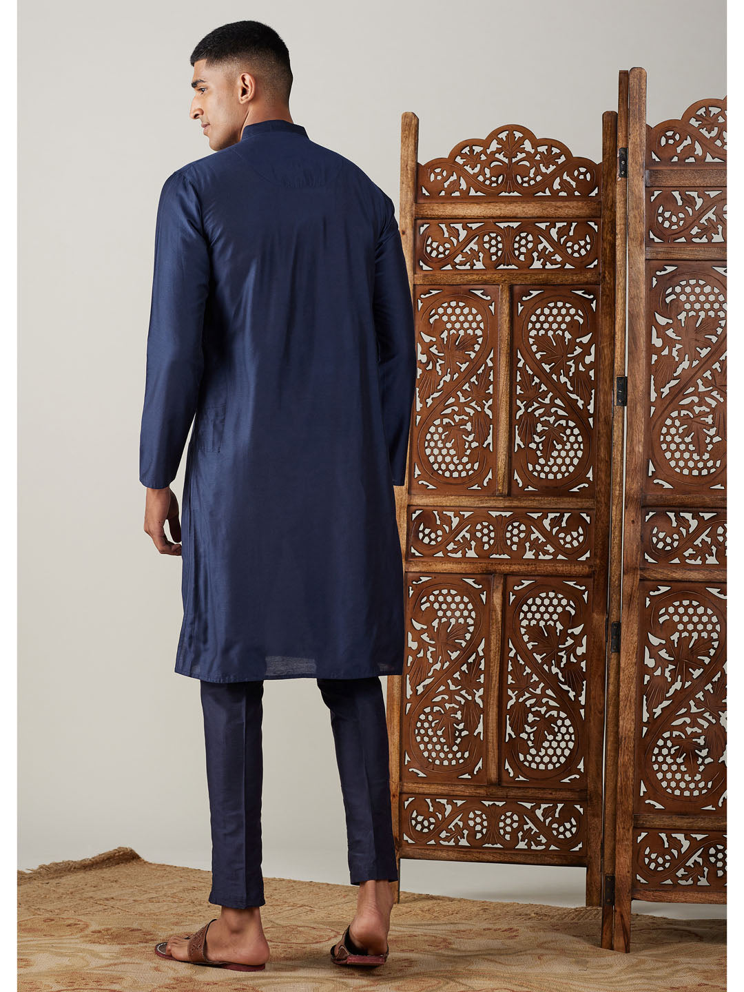 Vastramay mens navy blue solid fancy kurta with pant set