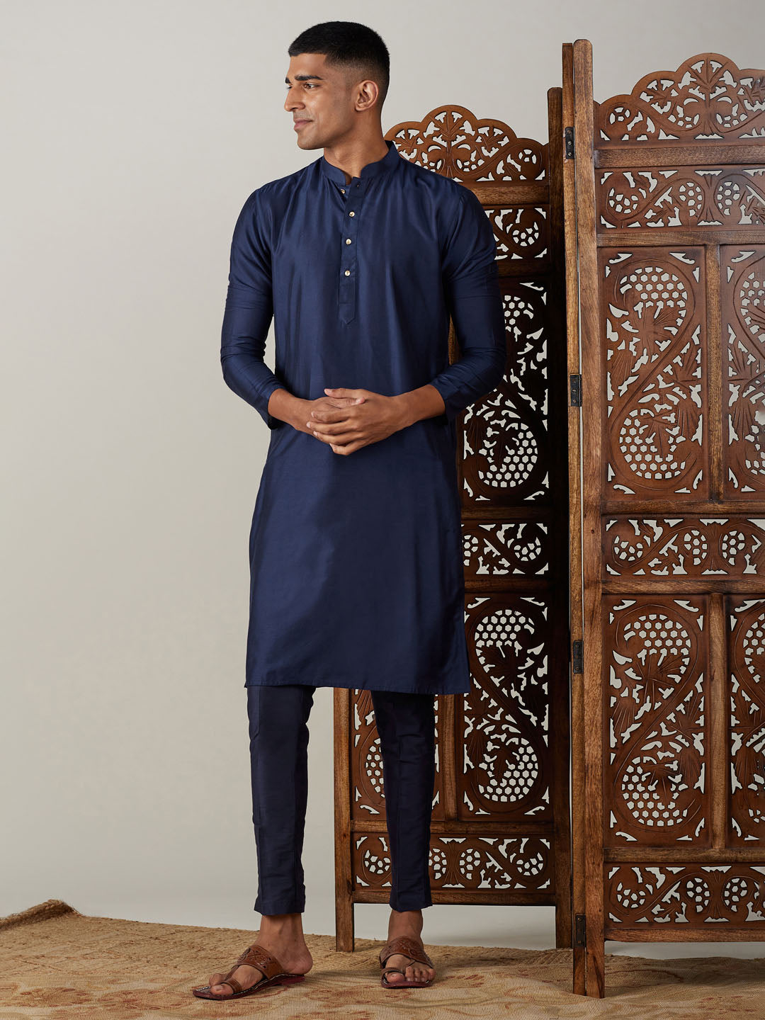 Vastramay mens navy blue solid fancy kurta with pant set