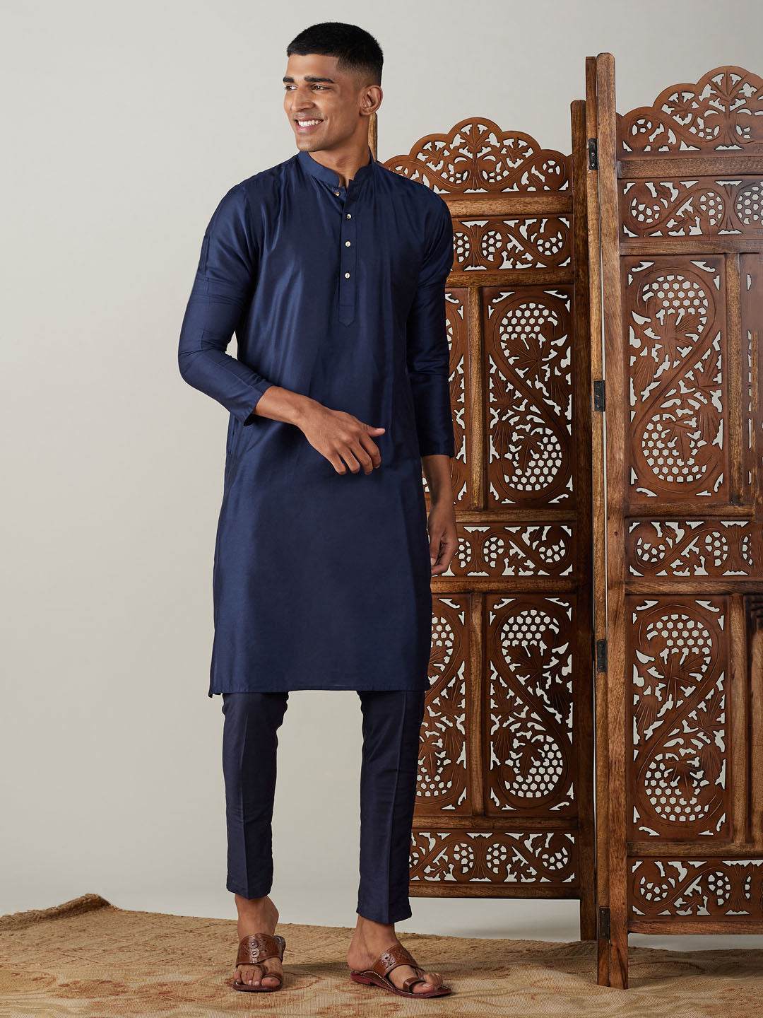 Vastramay mens navy blue solid fancy kurta with pant set