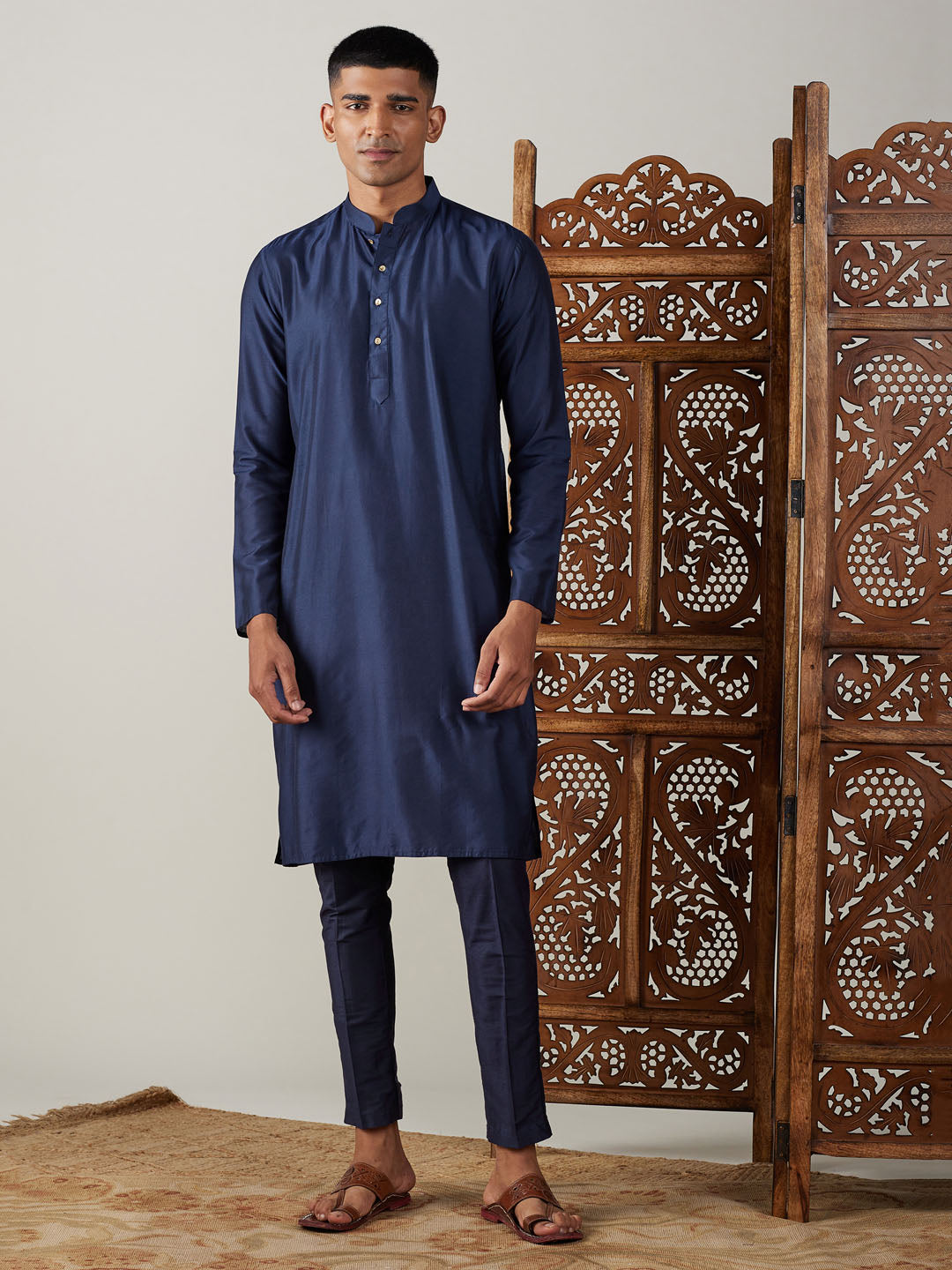 Vastramay mens navy blue solid fancy kurta with pant set