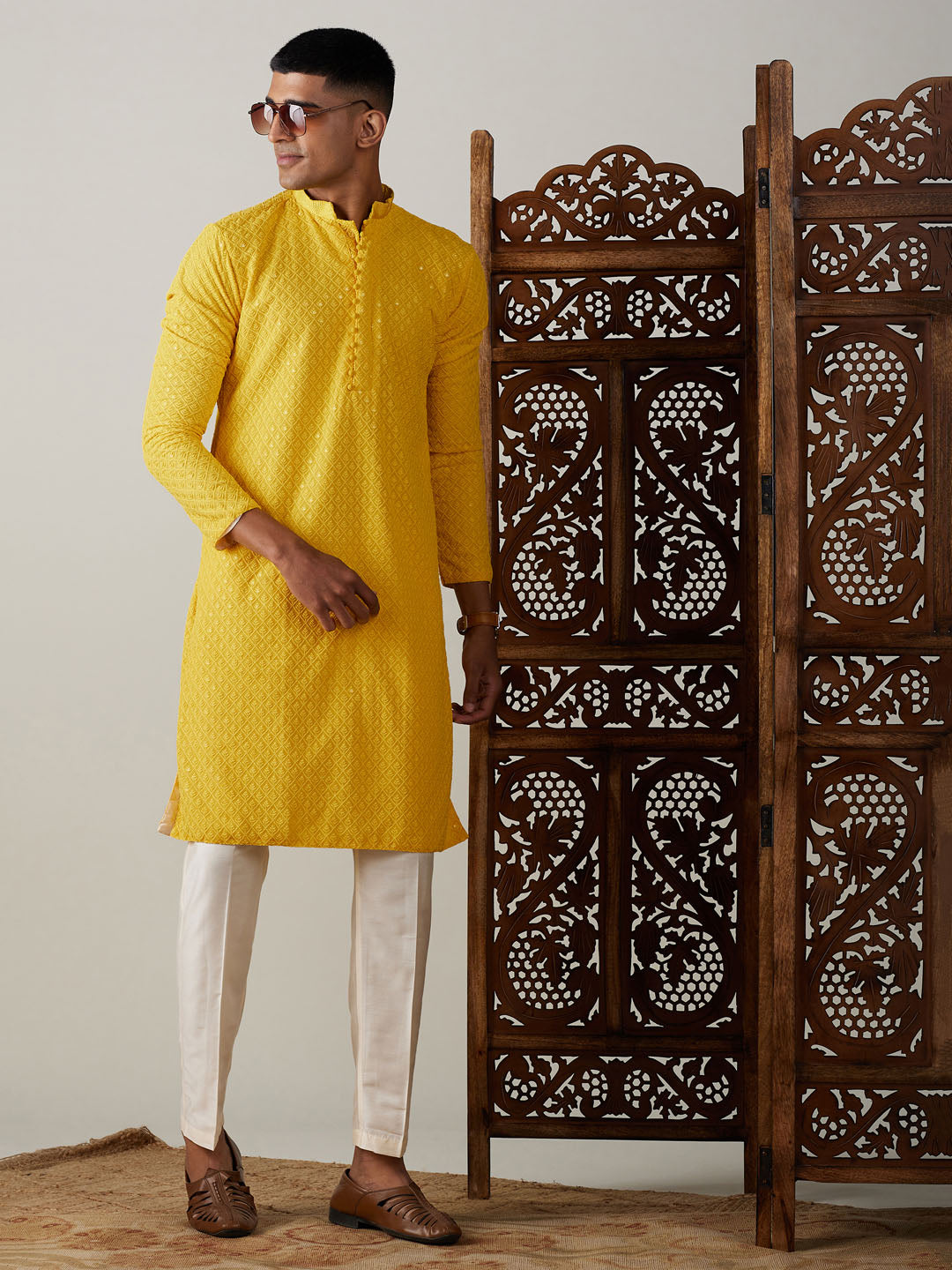 Vastramay mens yellow sifli worked georgette kurta with pant style pyjama set