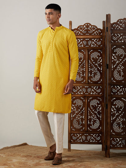 Vastramay mens yellow sifli worked georgette kurta with pant style pyjama set