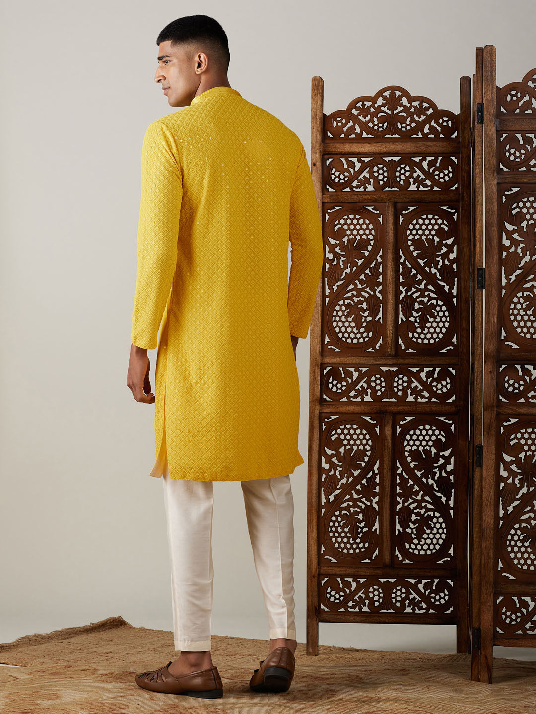 Vastramay mens yellow sifli worked georgette kurta with pant style pyjama set