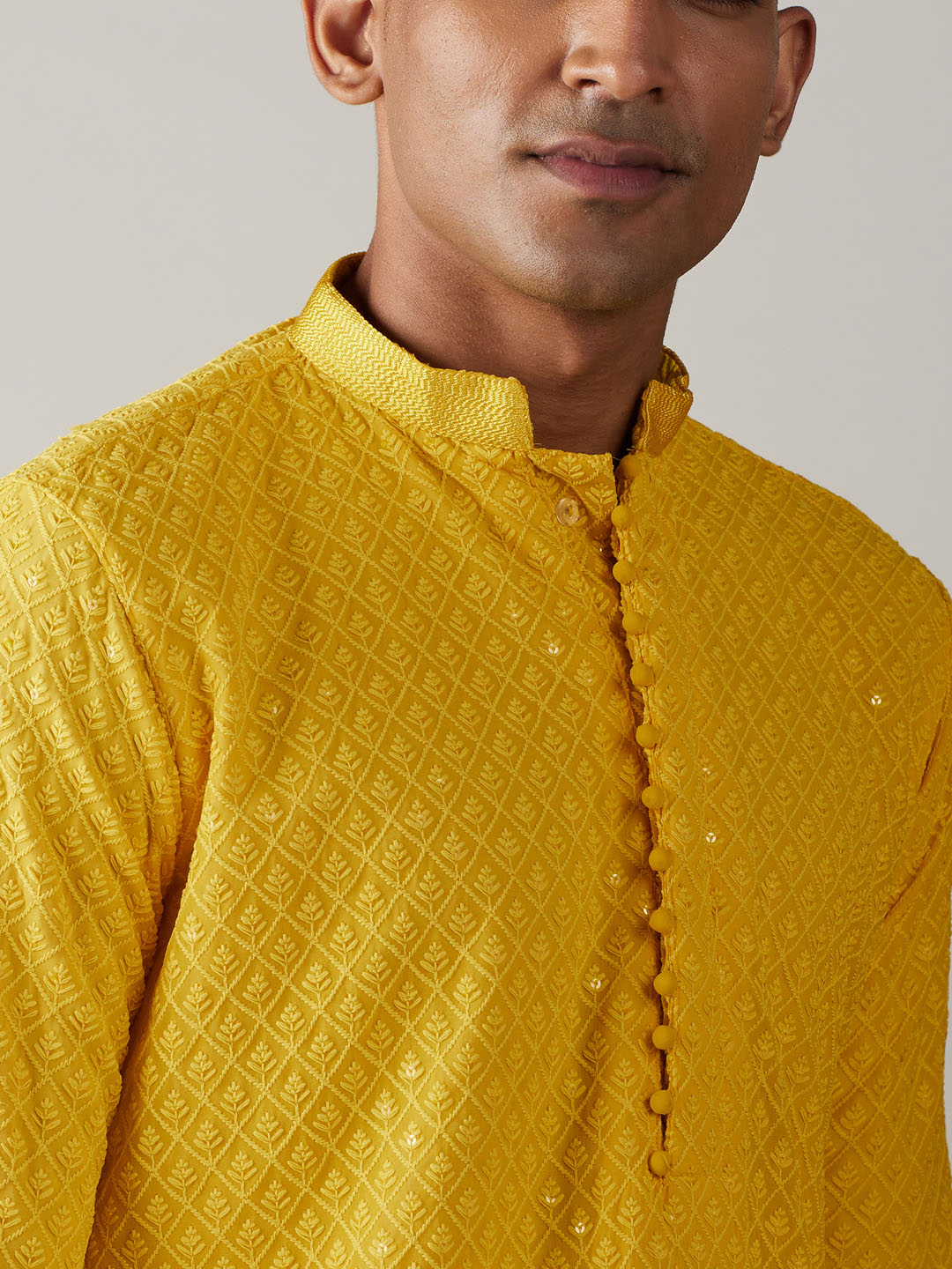 Vastramay mens yellow sifli worked georgette kurta with pant style pyjama set