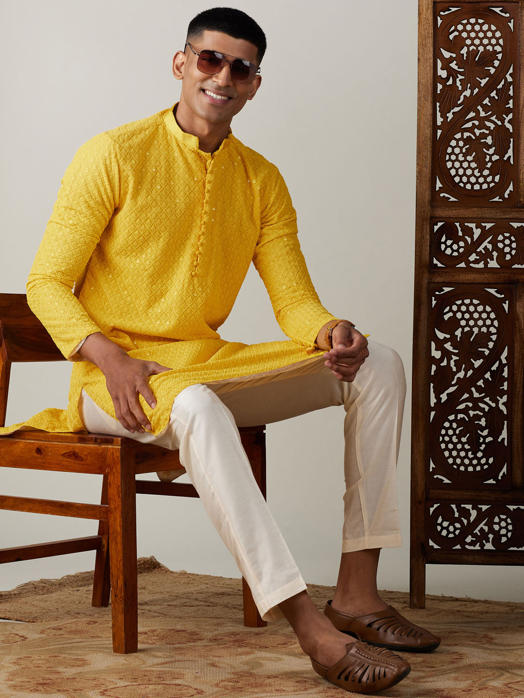 Vastramay mens yellow sifli worked georgette kurta with pant style pyjama set