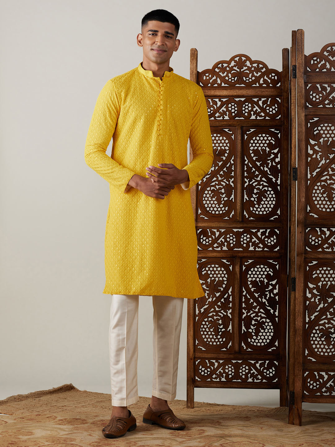 Vastramay mens yellow sifli worked georgette kurta with pant style pyjama set