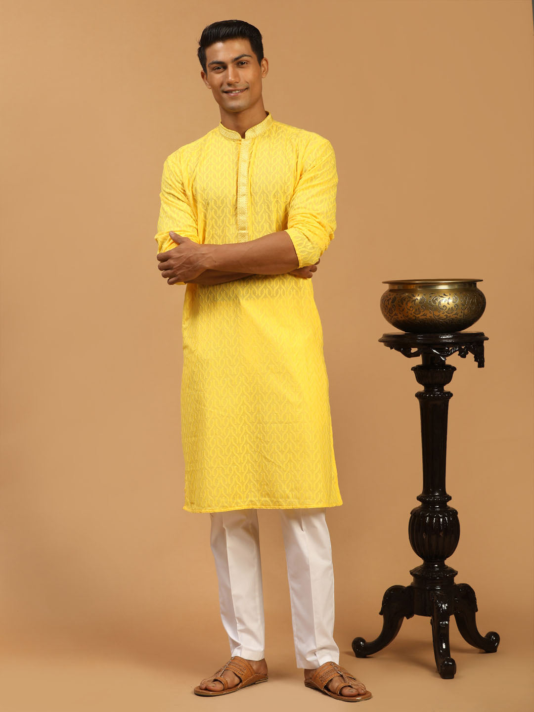 vastramay mens yellow embroidered pure cotton kurta with white pant style pyjama set