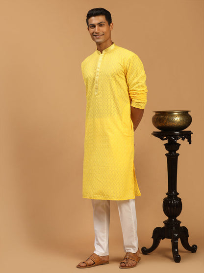 vastramay mens yellow embroidered pure cotton kurta with white pant style pyjama set