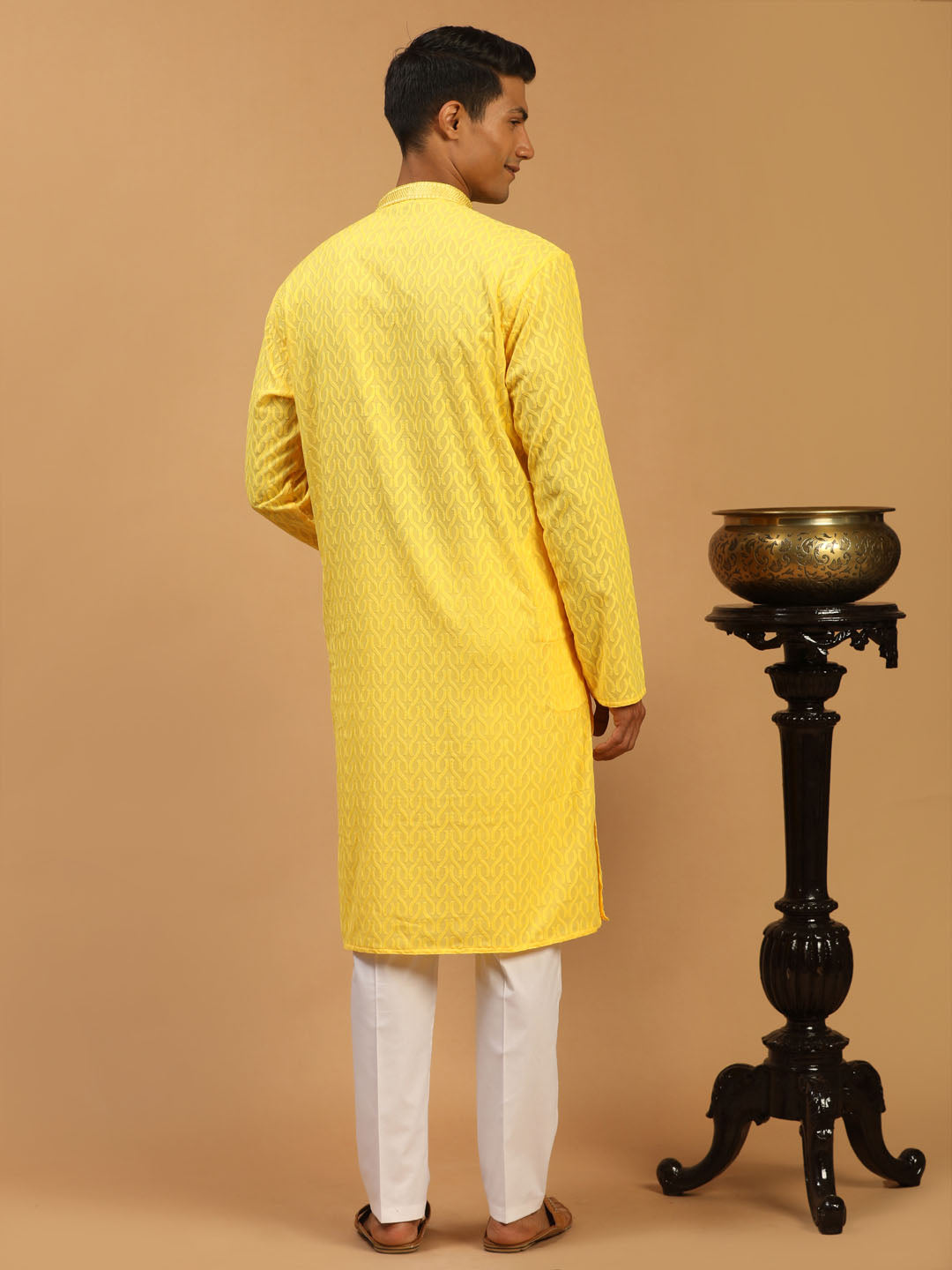 vastramay mens yellow embroidered pure cotton kurta with white pant style pyjama set