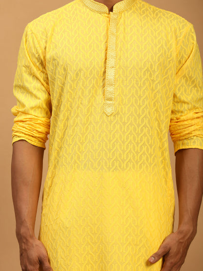 vastramay mens yellow embroidered pure cotton kurta with white pant style pyjama set