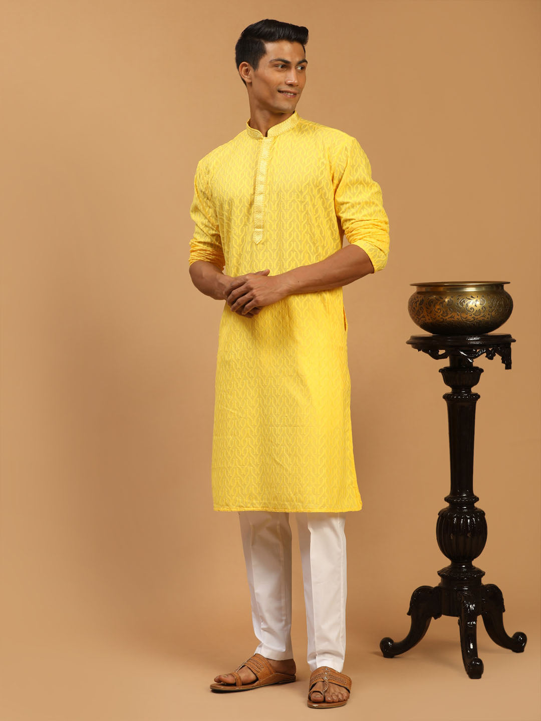 vastramay mens yellow embroidered pure cotton kurta with white pant style pyjama set