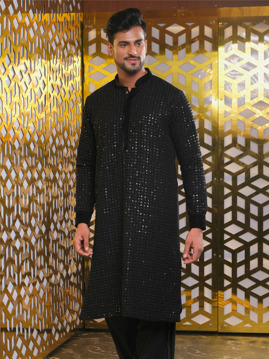 vastramay mens black mirror georgette kurta