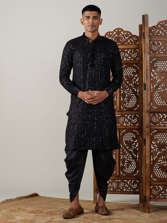 vastramay mens black mirror georgette kurta with dhoti set