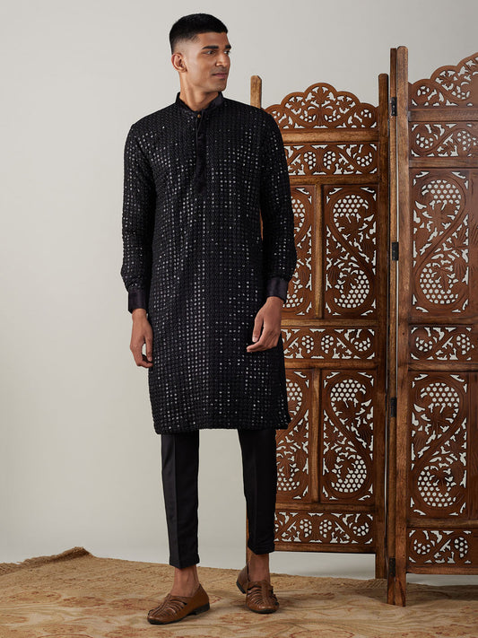 vastramay mens black mirror georgette kurta with pant set