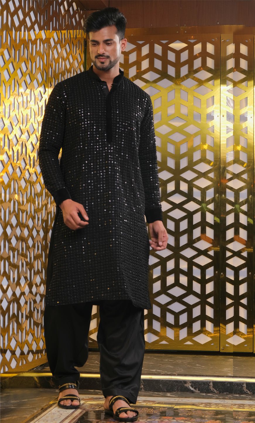 vastramay mens black mirror georgette kurta with patiala set