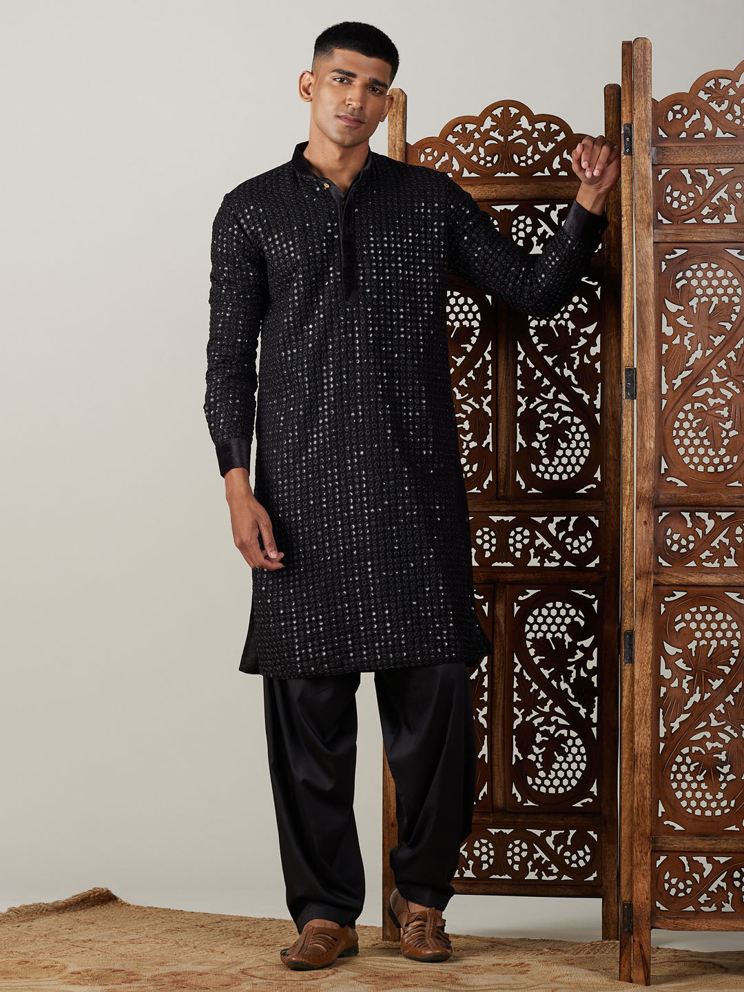 vastramay mens black mirror georgette kurta with patiala set