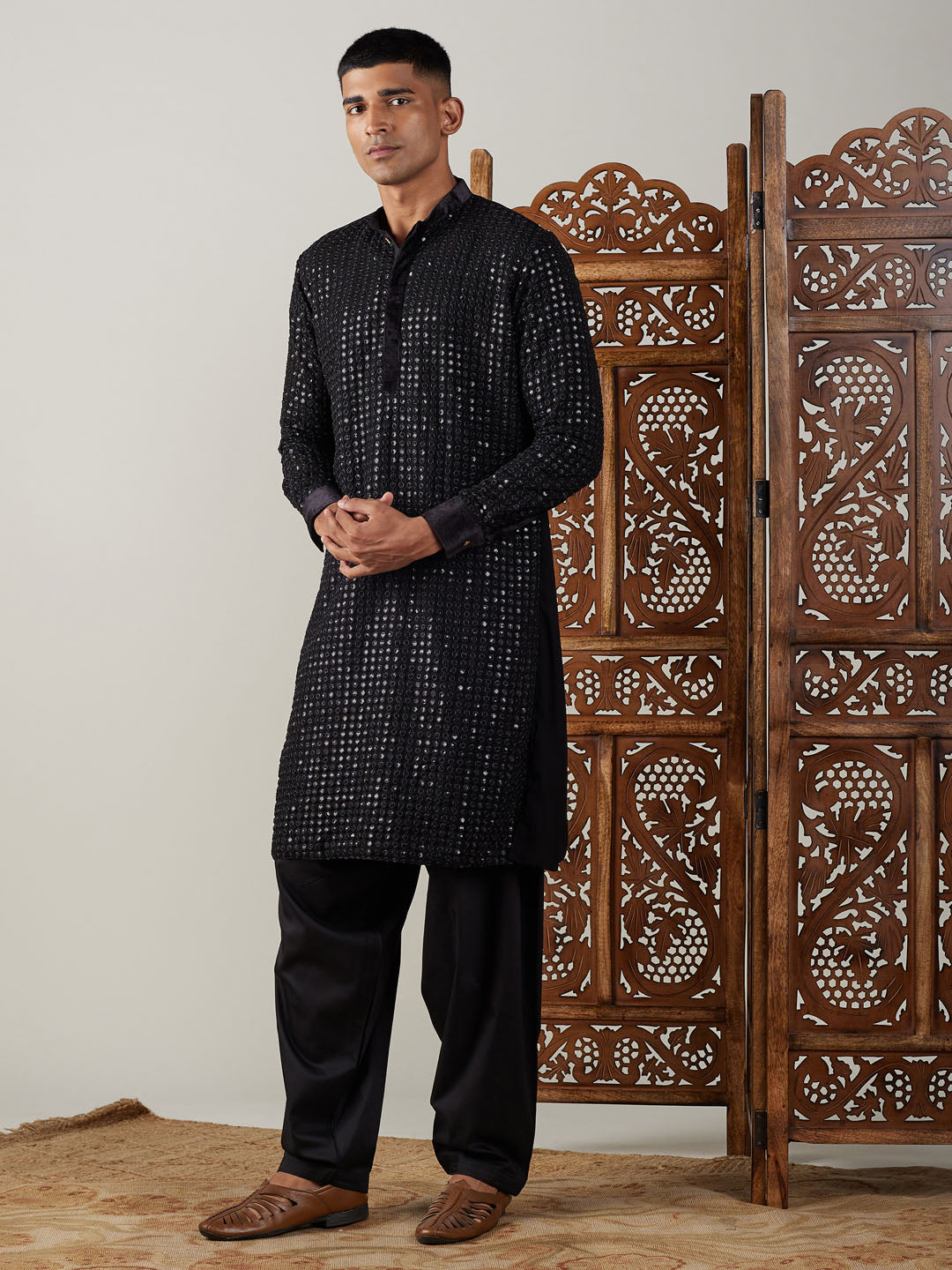 vastramay mens black mirror georgette kurta with patiala set