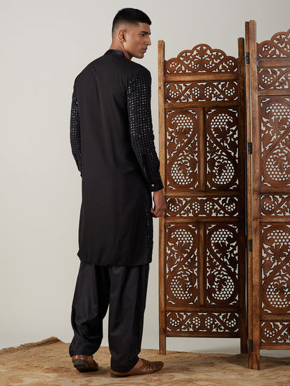 vastramay mens black mirror georgette kurta with patiala set