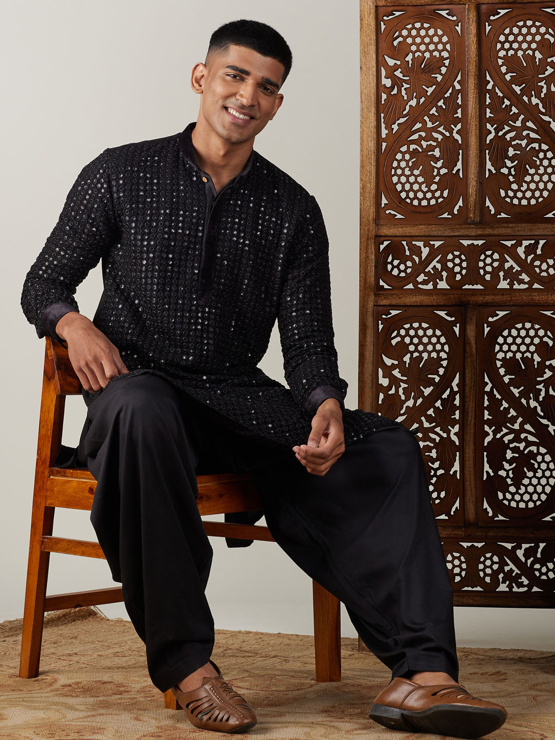 vastramay mens black mirror georgette kurta with patiala set
