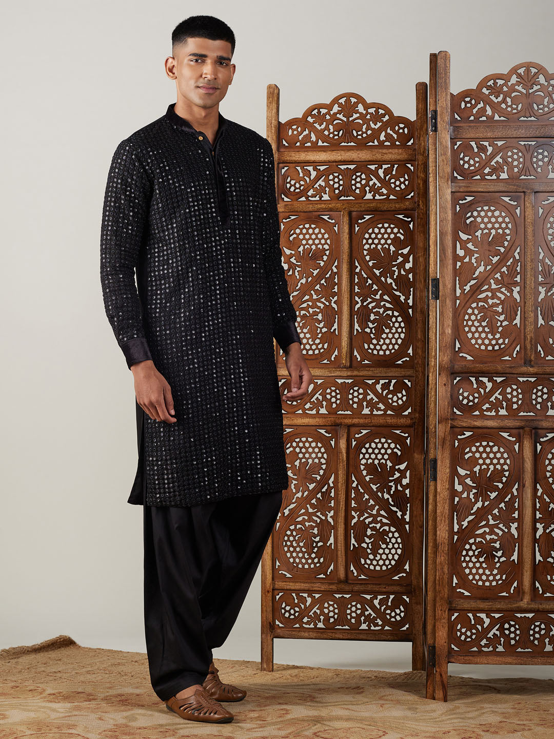 vastramay mens black mirror georgette kurta with patiala set