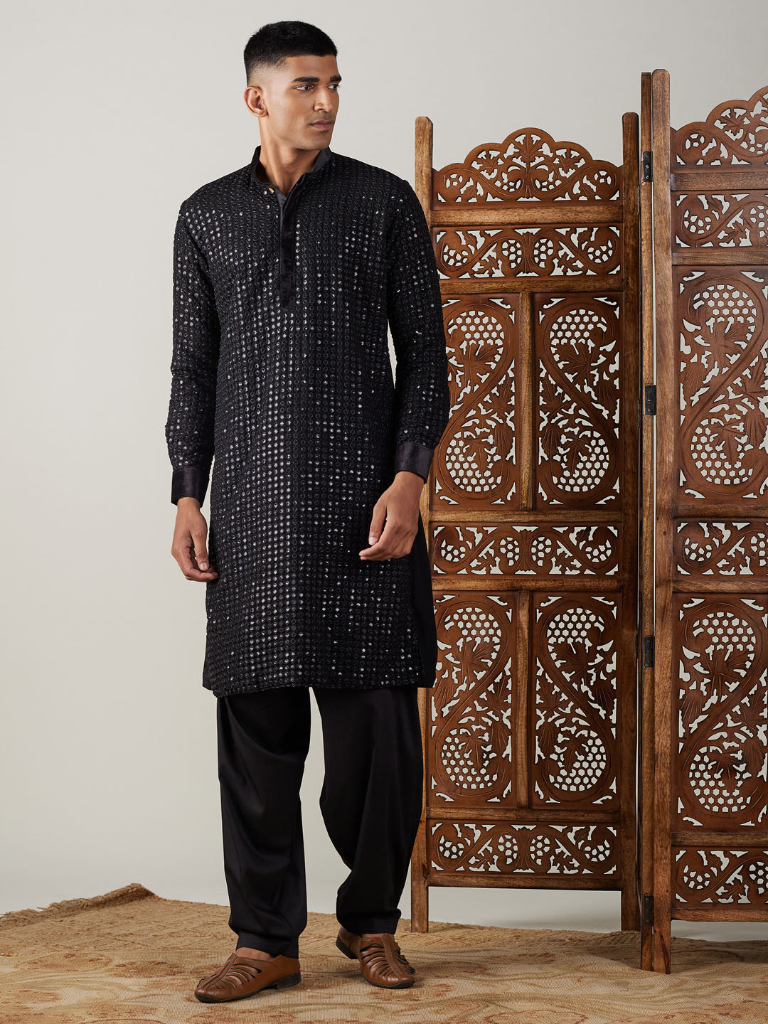 vastramay mens black mirror georgette kurta with patiala set