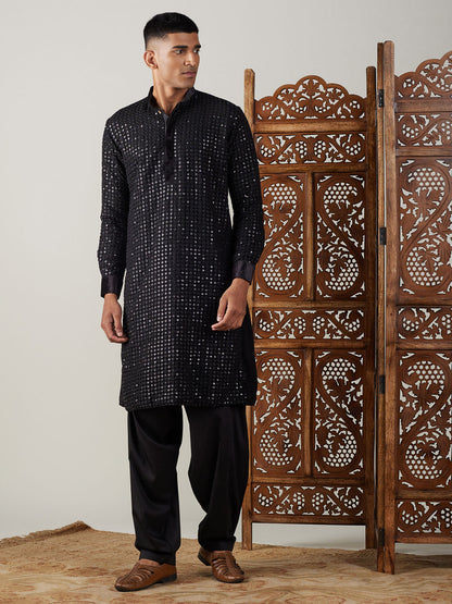 vastramay mens black mirror georgette kurta with patiala set