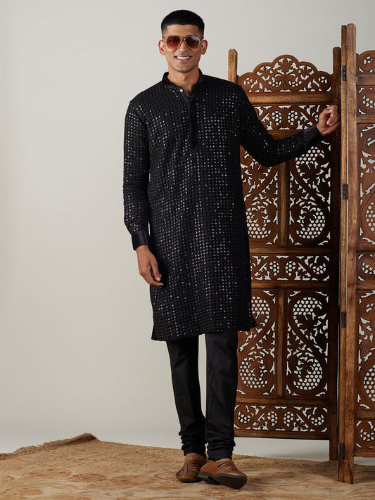 vastramay mens black mirror georgette kurta with pyjama set