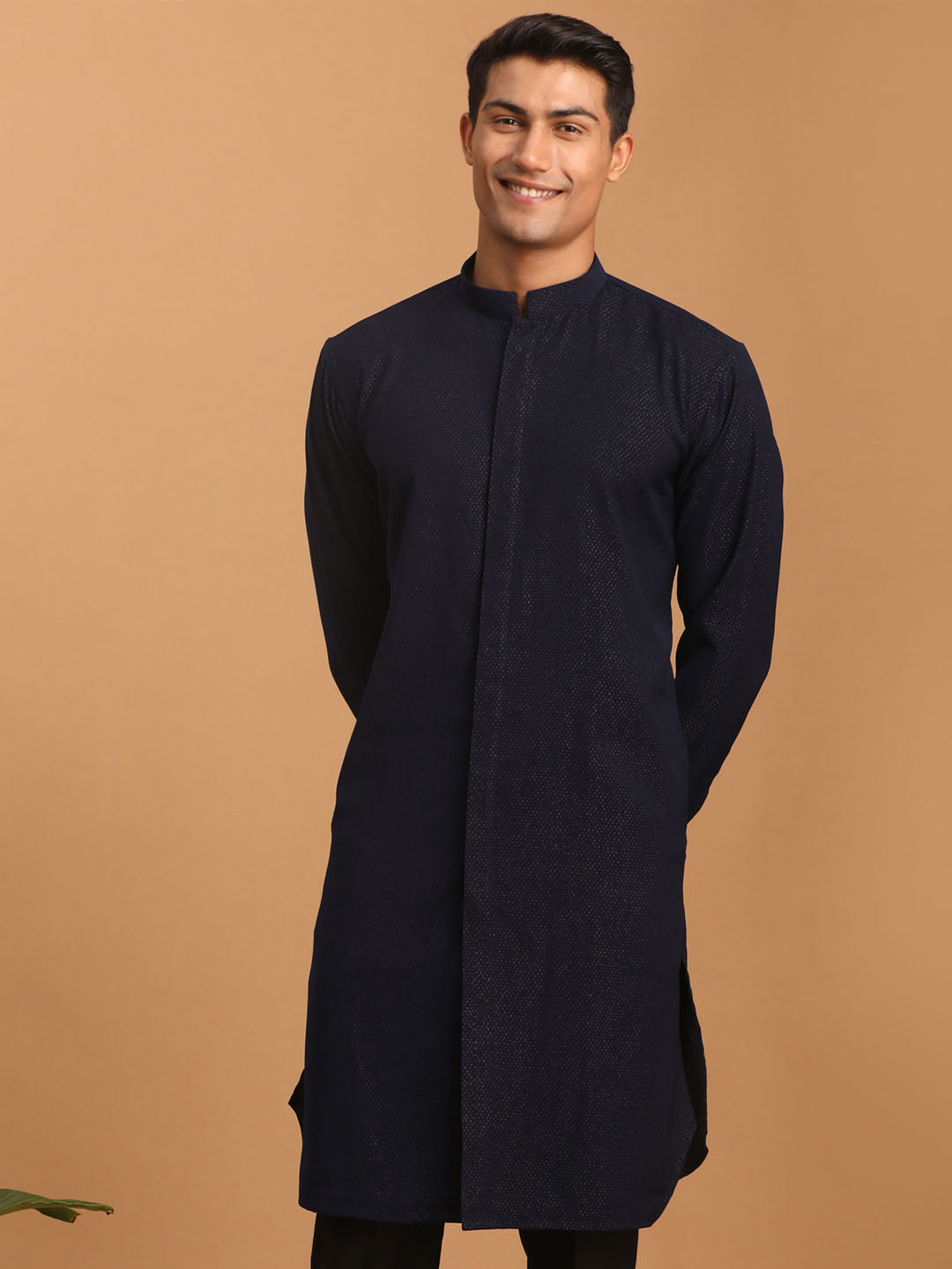 vastramay mens navy blue glitter printed fancy kurta