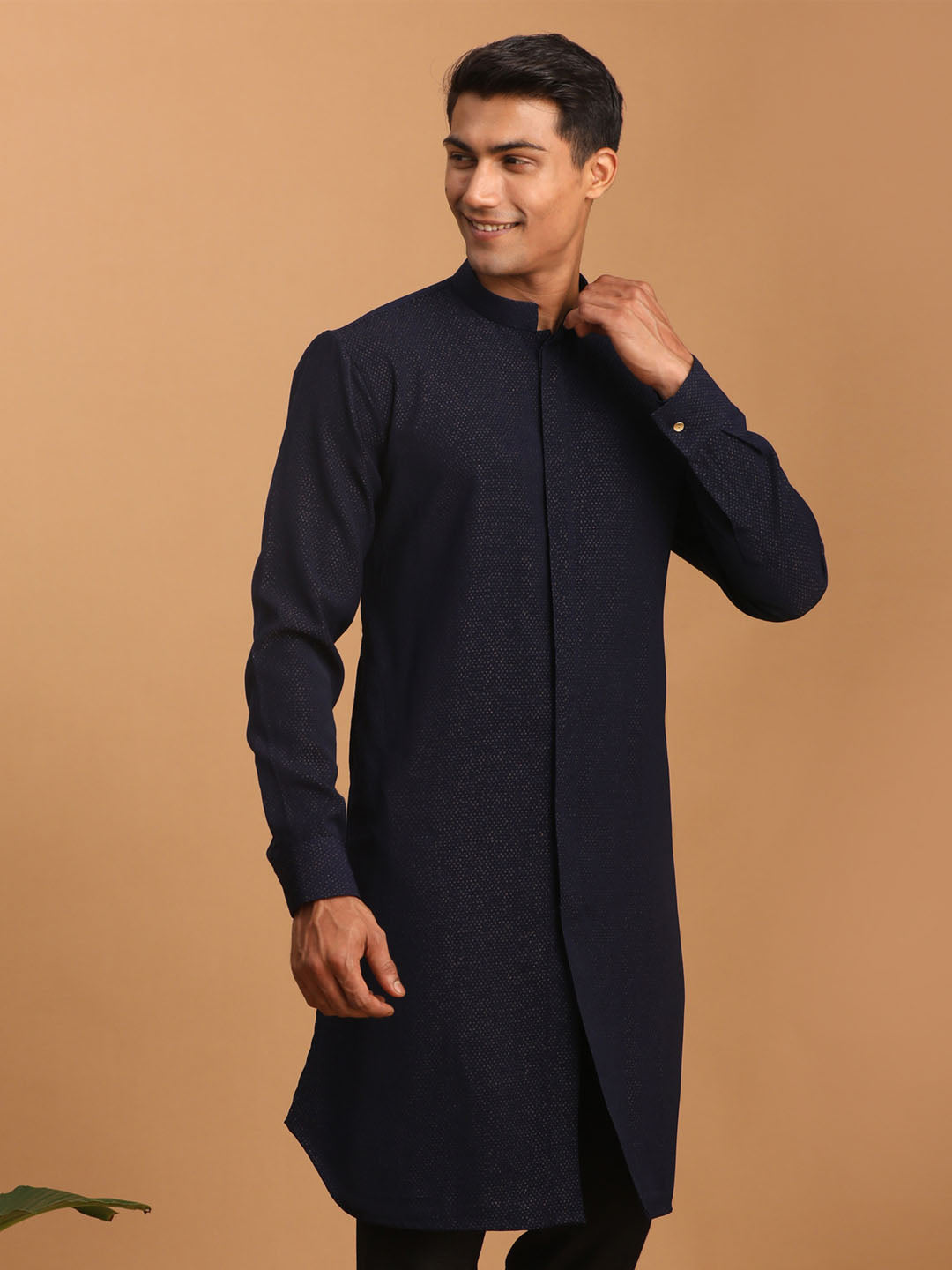 vastramay mens navy blue glitter printed fancy kurta