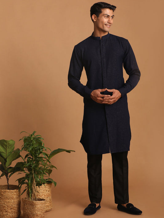 vastramay mens navy blue glitter printed fancy kurta with black solid stylish pant set