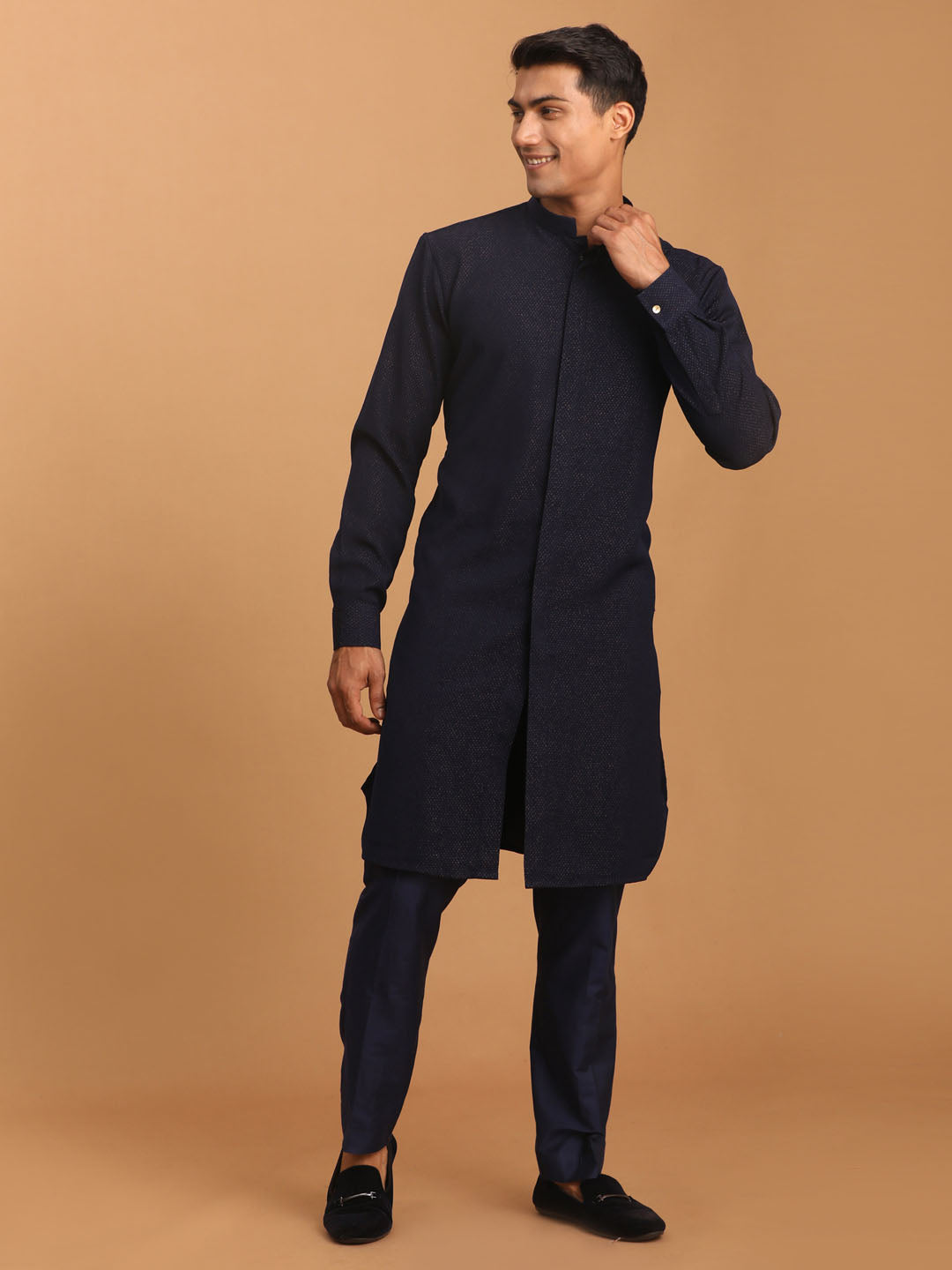 vastramay mens navy blue glitter printed fancy kurta with navy blue solid stylish pant set