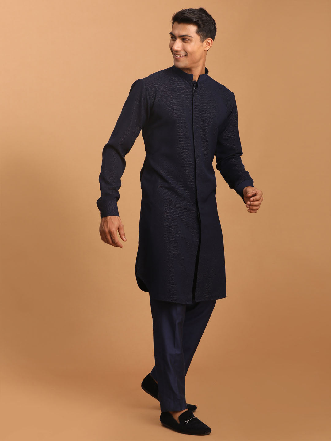 vastramay mens navy blue glitter printed fancy kurta with navy blue solid stylish pant set