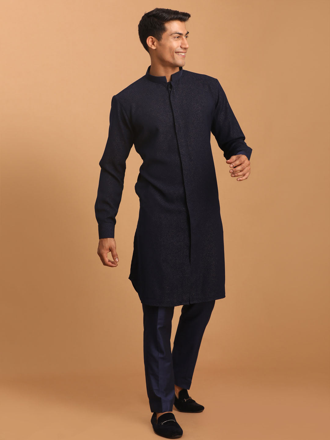 vastramay mens navy blue glitter printed fancy kurta with navy blue solid stylish pant set