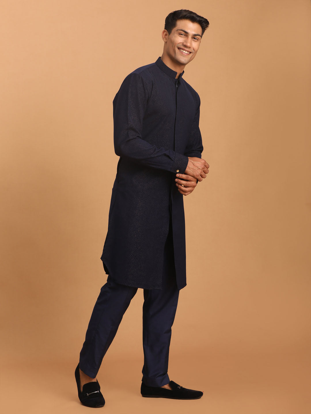 vastramay mens navy blue glitter printed fancy kurta with navy blue solid stylish pant set