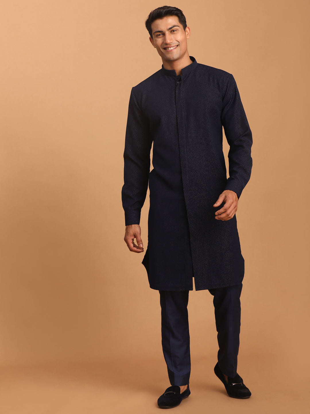 vastramay mens navy blue glitter printed fancy kurta with navy blue solid stylish pant set