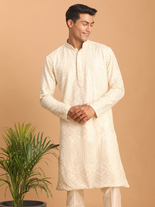 vastramay mens cream golden sequin embroidered kurta