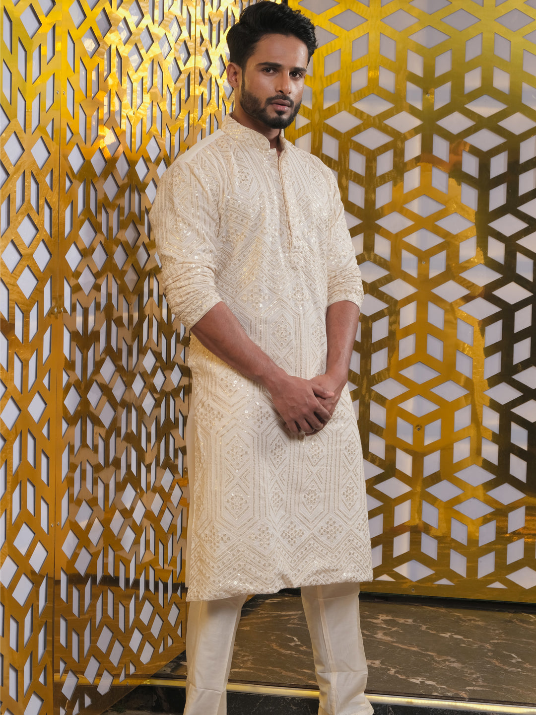vastramay mens cream golden sequin embroidered kurta and cream pant set