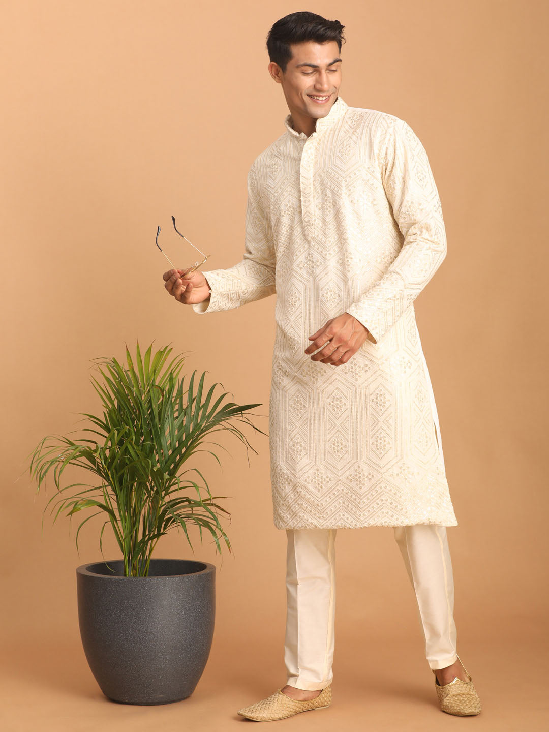 vastramay mens cream golden sequin embroidered kurta and cream pant set